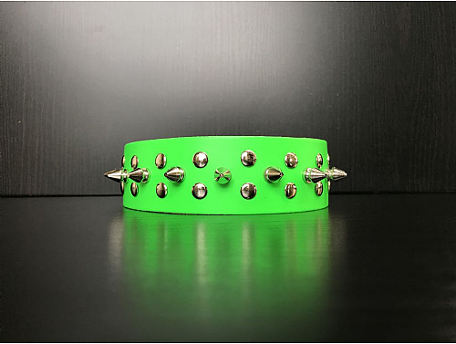 Fluorescent Green/1 Spike Studs - Leather Dog Collar - Size L